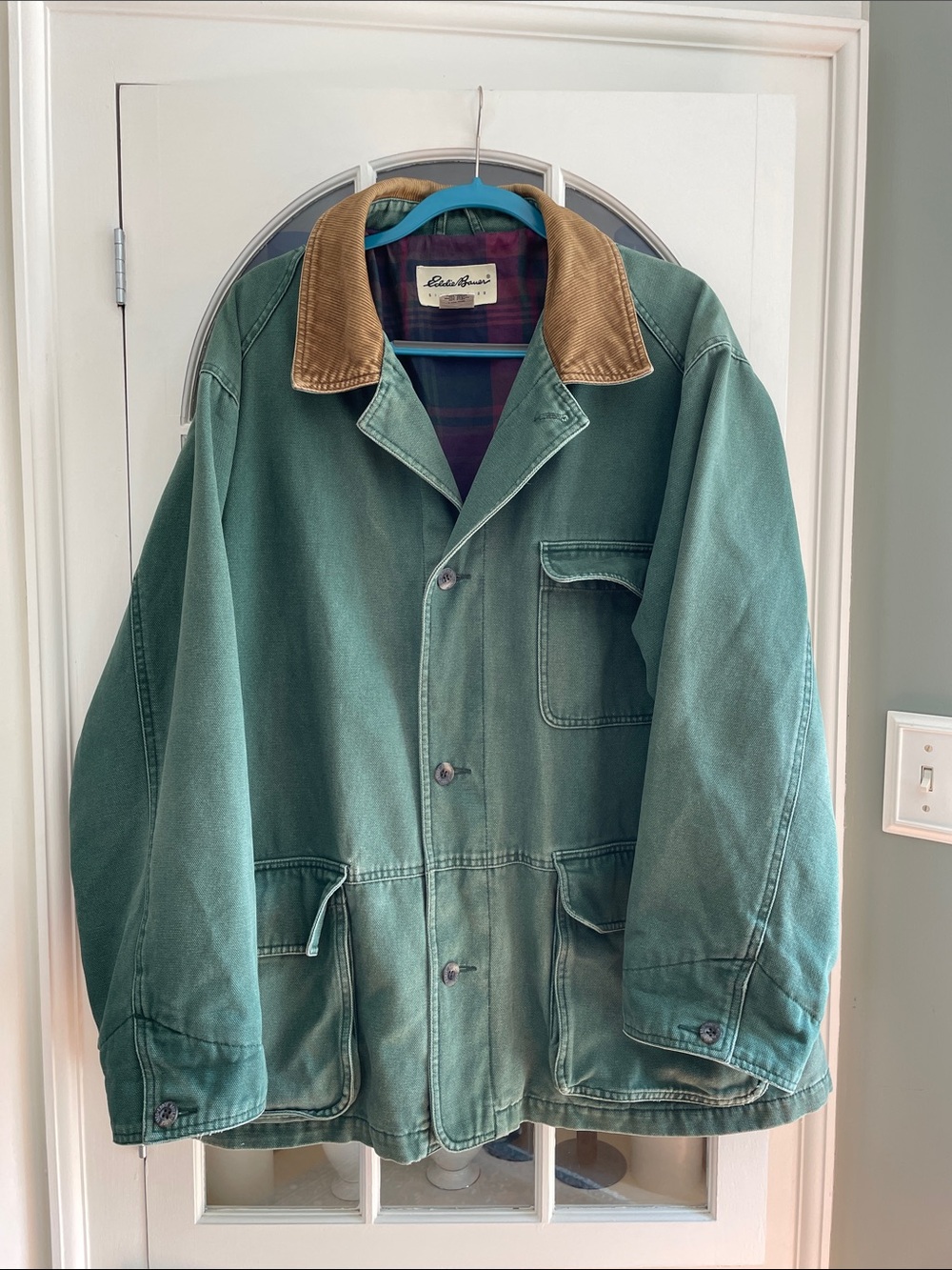 Eddie Bauer Green Canvas Field Jacket with Brown Cord Collar size:L